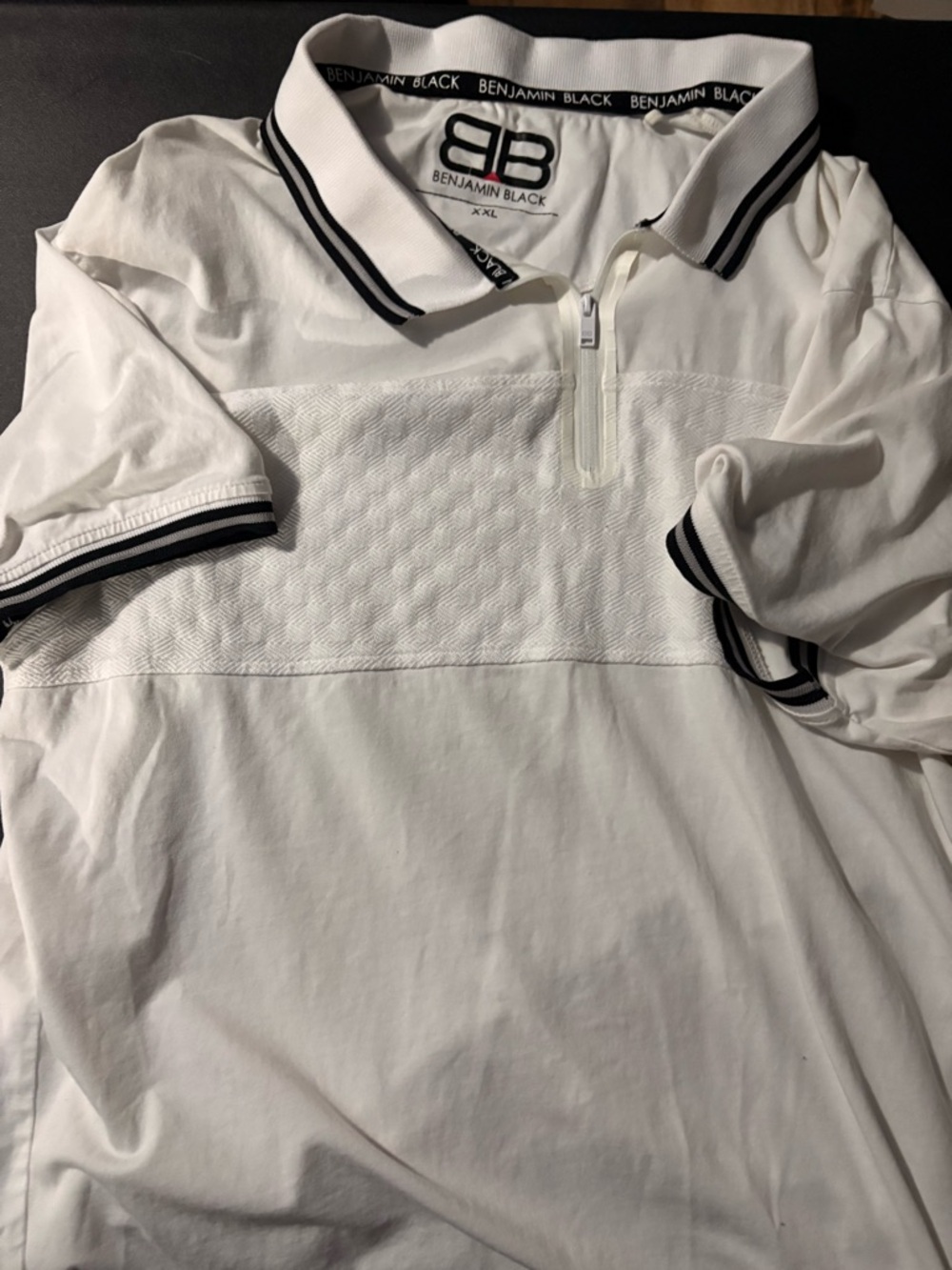 Men's White Polo with Black Trim and Zip Placket